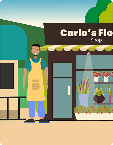 Vector illustration of a smiling local flower shop owner standing in front of his store facade.