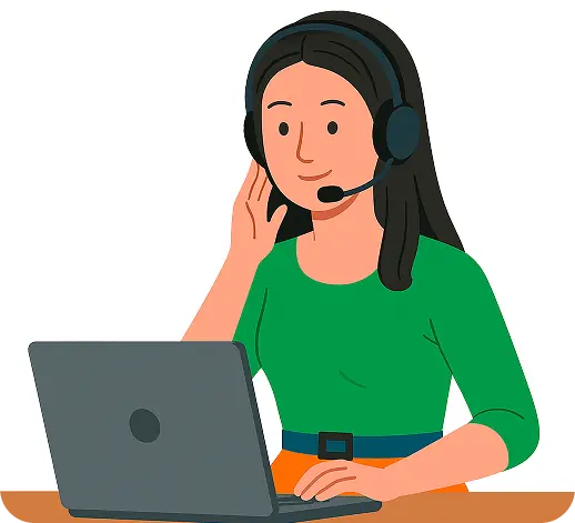 Vector illustration of a friendly customer support woman wearing a headset and working on a laptop.