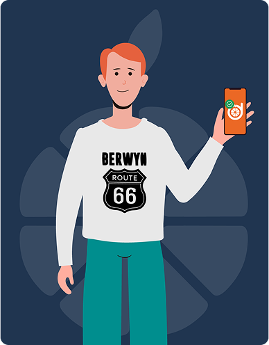 Illustration of a young man wearing a Berwyn Route 66 sweatshirt while holding up a smartphone showing the DetourMaps app.