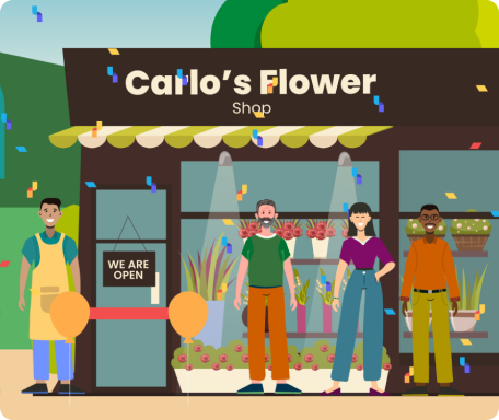 Vector illustration of happy local business owners celebrating in front of Carlo's Flower Shop with confetti.