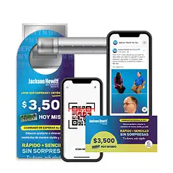 Print and digital marketing strategy with a promotional door hanger, QR code scanner, and social media post.