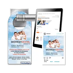 Dental clinic campaign featuring a door hanger, review webpage, and social media post.