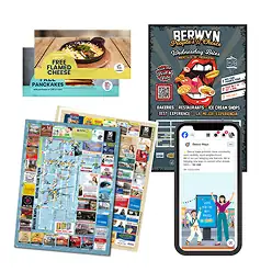 Paquete integral de Comprehensive local marketing package including discount coupons, promotional poster, printed area map, and mobile digital promotion.