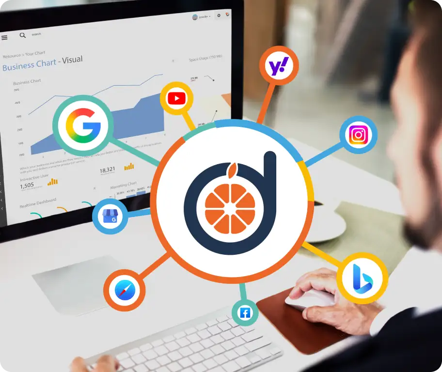 Brand integration with platforms like Google, Facebook, and Instagram alongside a local business performance chart.