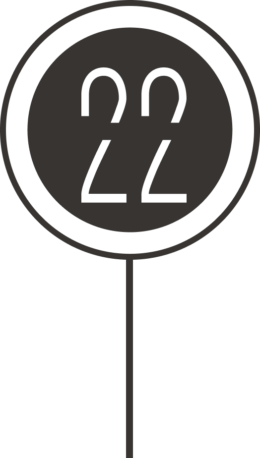 Minimalist circular street sign icon featuring the number 22 in white on a black background.