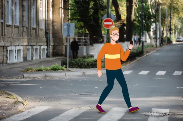 Vector illustration of a young man holding coffee and walking safely across a street crosswalk.